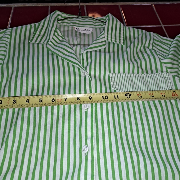 Vintage Casey & Max 3/4 Sleeve Button Front Green/White Stripe Button Tab Shirt - Picture 4 of 10